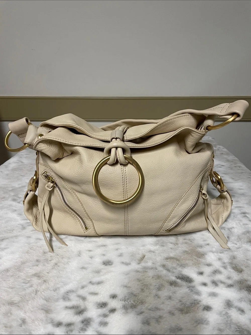 C. Luce Cream Leather Hobo with Gold Ring Hardware